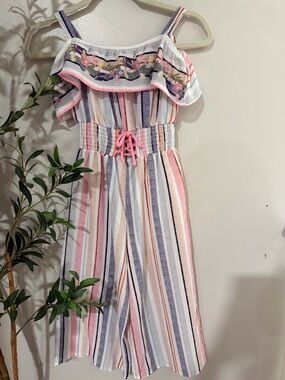 Striped Multi-Color Ruffle Jumpsuit with Pink Waist Tie